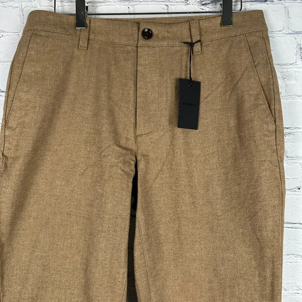Bonobos Flat Front Brushed Cotton Slim‎ Herringbone Chino, Size W32 x L32, Khaki